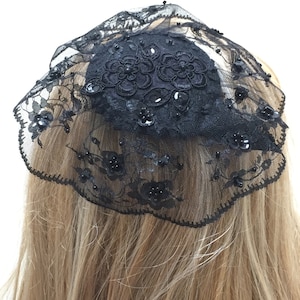 Large Black Lace Head Covering, Black Hair Covering, Black Doily Headpiece image 1