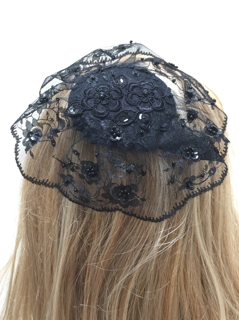 Large Black Lace Head Covering, Black Hair Covering, Black Doily Headpiece image 1