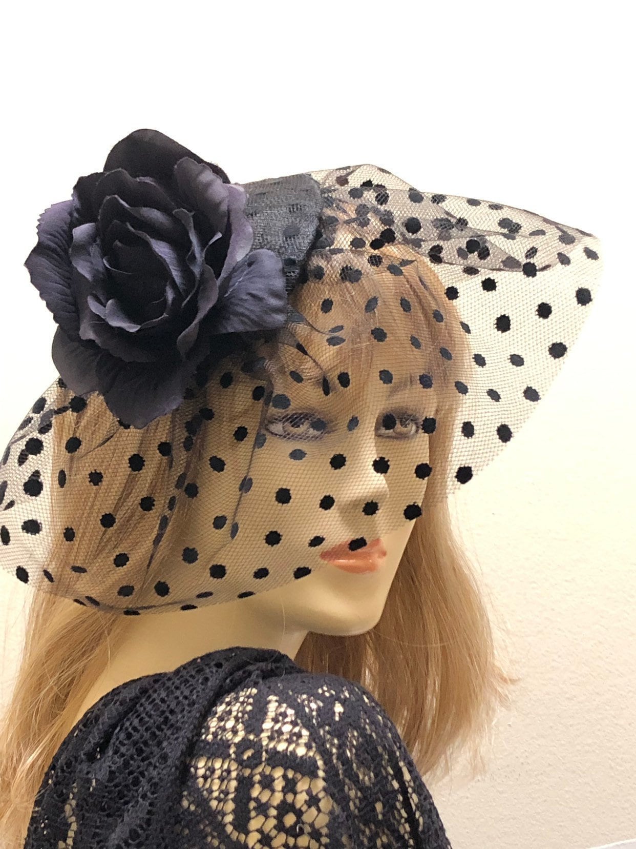 Black Flower Fascinator With Polka Dot 