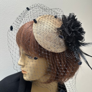 Black and Gold Gothic Fascinator with Veiling, Cocktail Hat Birdcage Veil