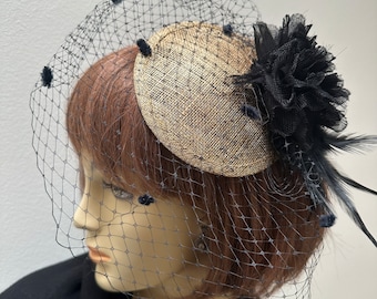 Black and Gold Gothic Fascinator with Veiling, Cocktail Hat Birdcage Veil
