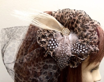 Leopard Fascinator, Kentucky Derby Hat, Animal Print Hat, Brown Fascinator