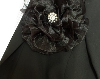 Large Black Magnetic Brooch, Black Fabric Flower, Magnetic Jewelry