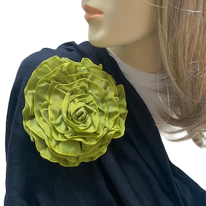 Large Lime Green and Black Flower Brooch, Oversized Green Broach Pin