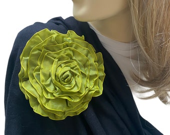 Large Lime Green and Black Flower Brooch, Oversized Green Broach, Magnetic Brooch Pin