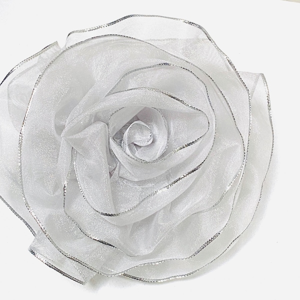 Large Silver Flower Brooch, Silver Magnetic Brooch Pin with Metallic Edge
