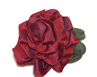 Red Fabric Rose Brooch, Valentine Corsage, Flower Pin