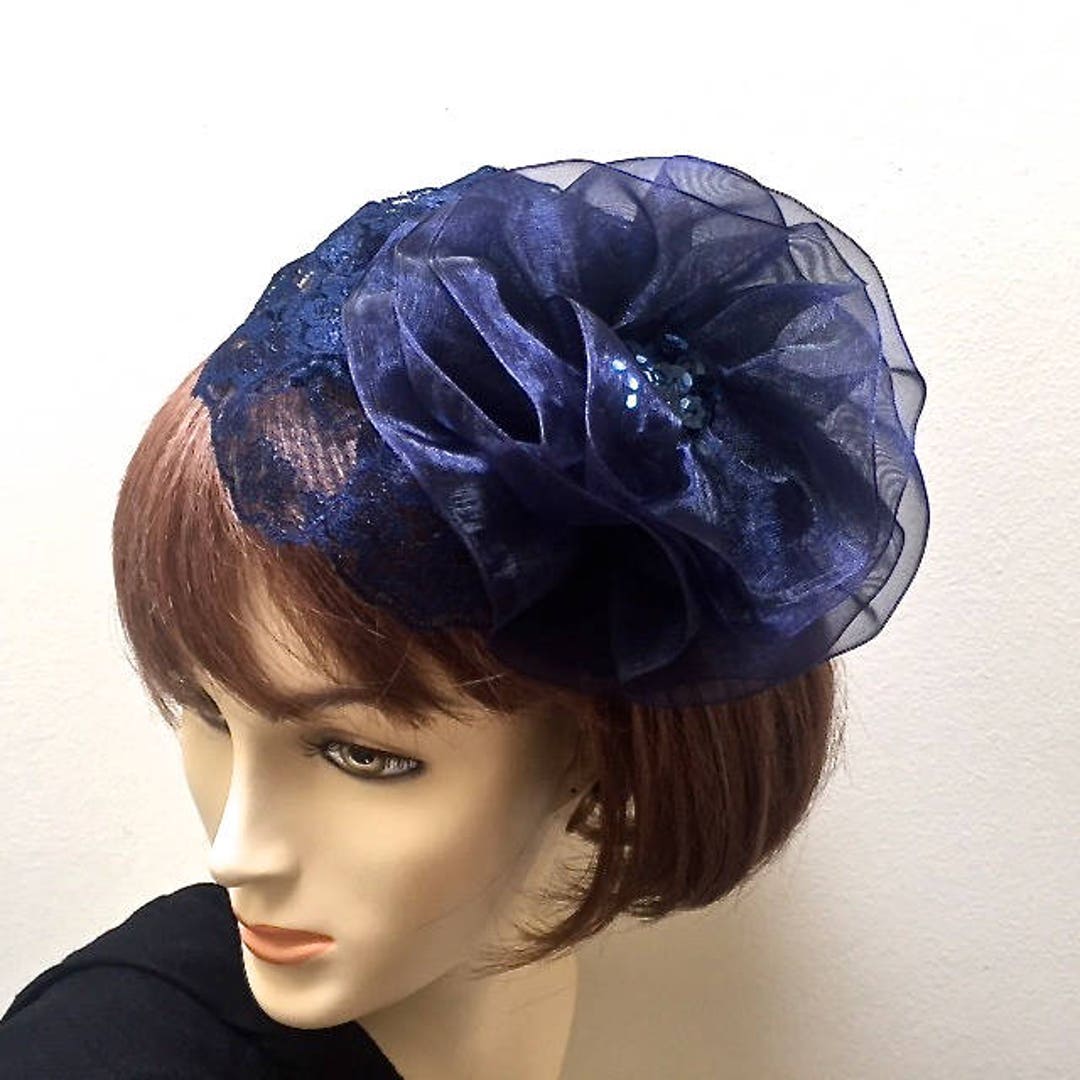 Navy Lace Fascinator: Organza Flower Church Hat - Etsy display picture 1