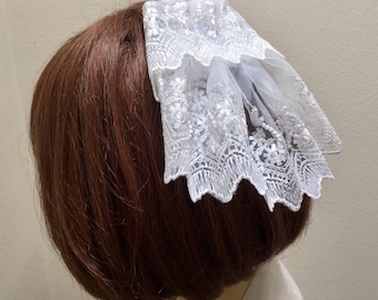 White Lace Head Covering: Bridal Kippah with Pearls