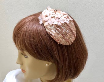 Rose Gold Kippah Fascinator, Rose Gold Small Hat, Rose Gold Sequin Hat