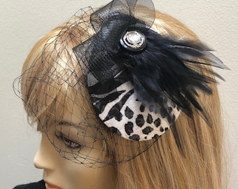 Animal Print Fascinator, Black and White Leopard Small Hat, Zebra Fascinator