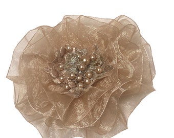 Champagne Magnetic Brooch Pin, Mother's Day Corsage, Beaded Hair Flower