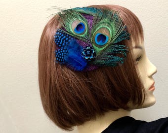 Purple Peacock Fascinator, Peacock Feather Hat, Peacock Cocktail Hat, Blue DerbyHat