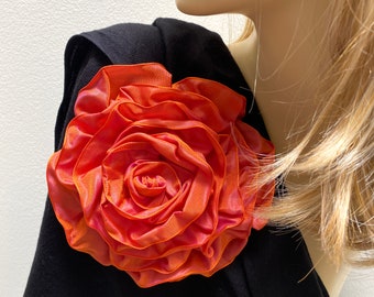 Extra Large Orange Brooch Pin, Taffeta Flower Magnetic Broach Pins