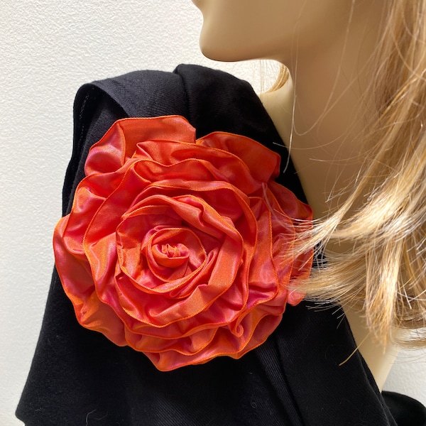 Extra Large Orange Brooch Pin, Taffeta Flower Magnetic Broach Pins