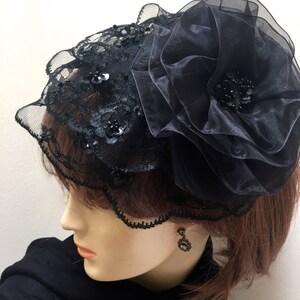 Black Lace Fascinator Hat: Beaded Ascot Hat with Organza Flower