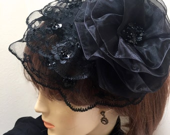 Black Lace Fascinator, Black Church Hat, Black Ascot Hat, Black Lace Hat by Vintage Blooms By Ellen