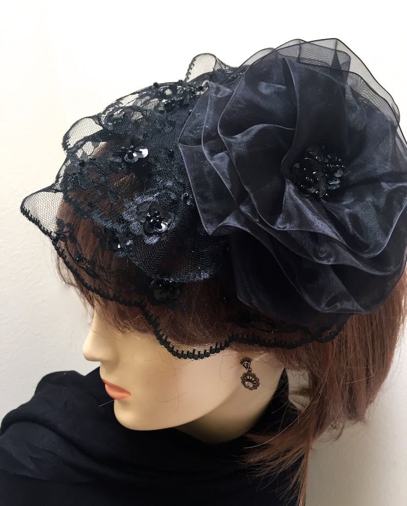 Black Lace Fascinator Black Church Hat Black Ascot Hat Etsy