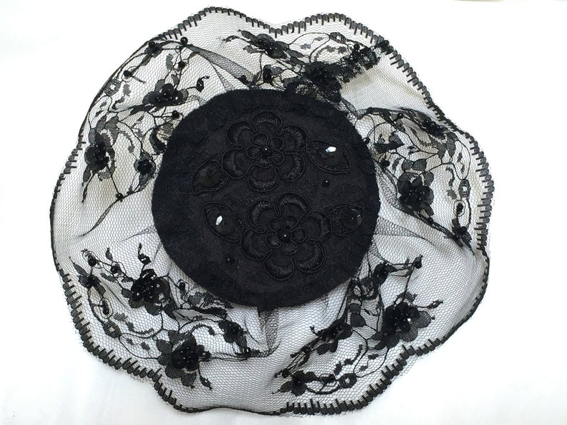 Large Black Lace Head Covering, Black Hair Covering, Black Doily Headpiece image 2