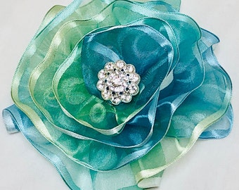 Blue Green Flower Brooch, Fabric Flower Shawl Pin, Turquoise Magnetic Brooch