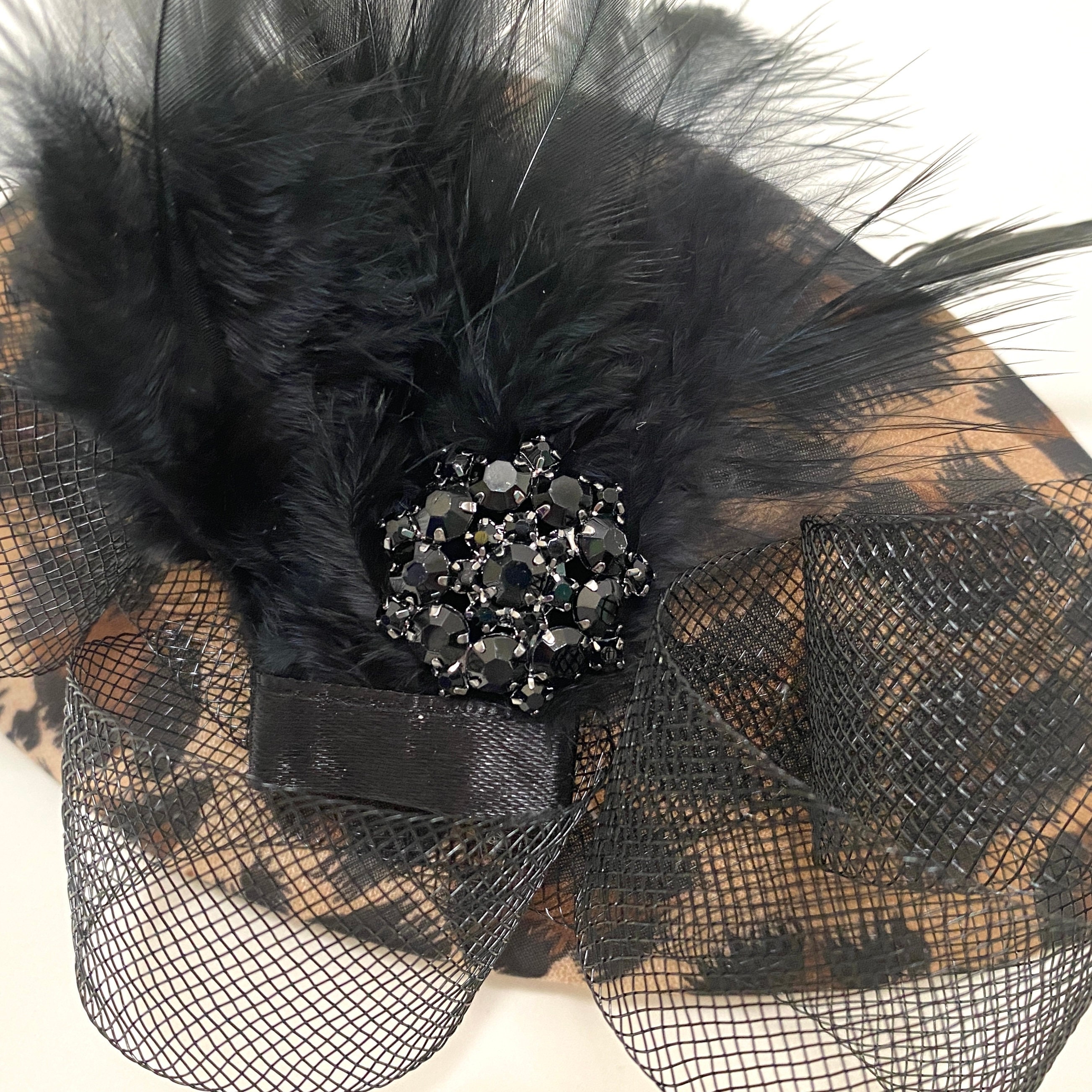 August Hat Co Leopard Print Fascinator Cocktail Hat  Brown Mesh Bow  OS New Leopard Print Fascinator: Feathered Animal Print Cocktail  main image 3