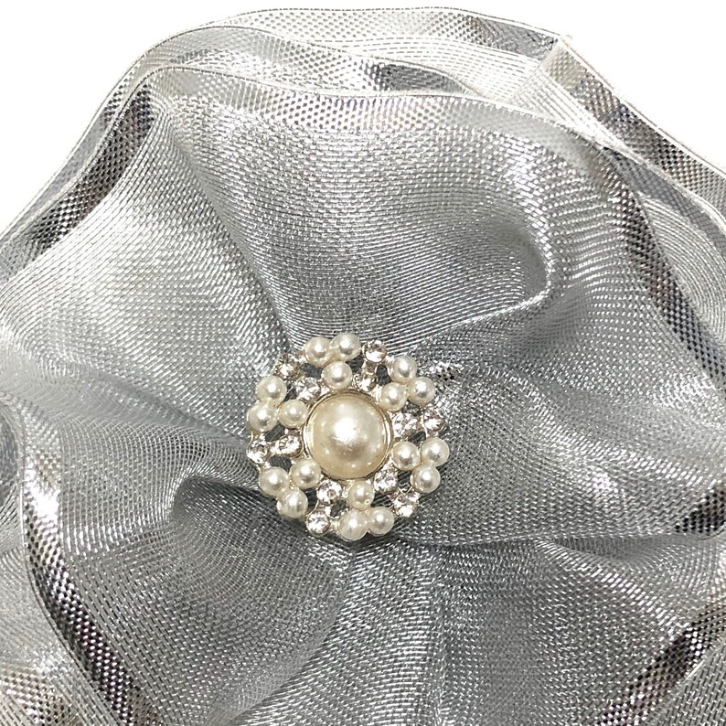 Metallic Silver Magnetic Brooch, Silver Flower Corsage Pin rhinestone & pearls