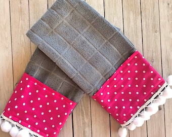 Set of 2 Gray Pink Polka Dot Microfiber Dish Towels