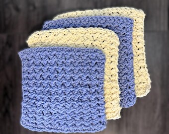 Set van 4 gehaakte vaatdoeken in de kleuren maagdenpalmblauw en geel, handgemaakt, milieuvriendelijk, extra groot (18 cm).