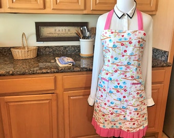 Josie Reversible Roses Birds Full Apron Adult One Size