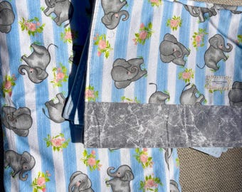 Elephant Baby Blanket Burp Cloth Layette Set Blue White Flannel Minky Baby Shower Gift 5 Piece Handmade