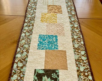 Quilted Patchwork Table Runner 57x17 Reversible Neutral Yellow Floral Modern Dining Handmade Hostess Gift