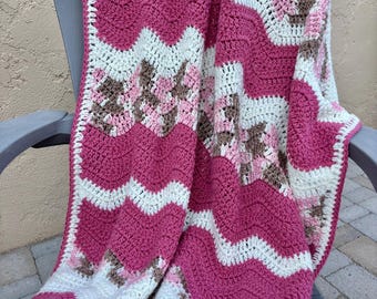 Handmade Chevron Baby Blanket: Mauve Pink, Brown, Cream Ripple Afghan (39x46)