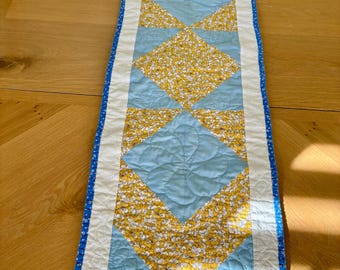 Quilted Spring Floral Table Runner 42.5x14 Cornflower Blue Yellow Farmhouse Dining Decor Hostess Gift