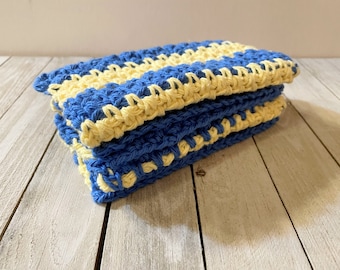 Set of 4 Cotton Crochet Dish Cloths Blue Yellow Stripe