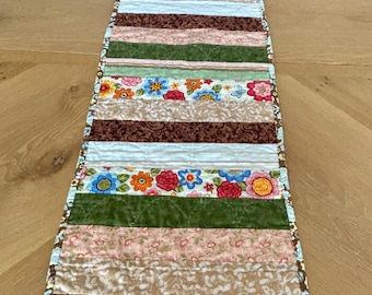 Quilted Autumn Table Runner 12.5x38 Striped Fall Leaves Narrow Coffee Table Handmade Thanksgiving Gift