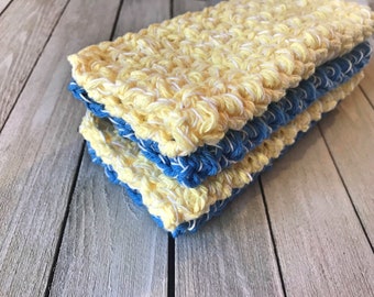 Set of 4 Cotton Crochet Dish Cloths Blue Yellow