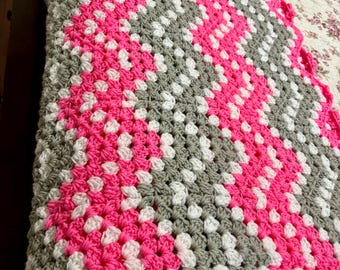 Chevron Crochet Baby Blanket Hot Pink Gray 41x48 Handmade Ripple Baby Afghan Baby Girl Baby Shower Gift