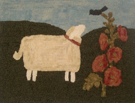 Sheep with Hollyhocks   Rug Hooking Kit