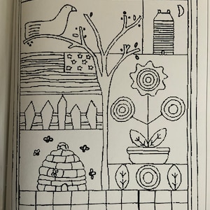 May include: Black and white illustration of a folk art rug design. The design features a bird on a branch, a beehive, a fence, a flower, a house, and stars. The text "VERMONT FOLK RUGS" is at the bottom of the image.