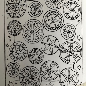 May include: Black and white line drawing of 16 different Vermont folk rug designs. The designs are all circular and feature various geometric patterns, including stars, hearts, and flowers. The text "VERMONT FOLK RUGS" and "Hex Signs (Small) 24 x 30" is printed at the bottom of the image.