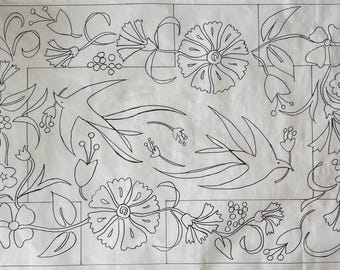 Doves W Flowers  Rug Hooking Pattern on Linen