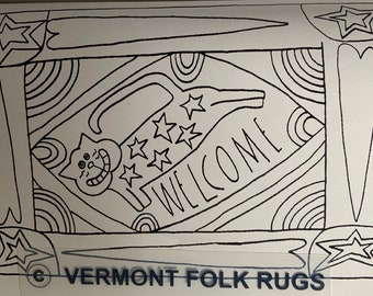 Cat Welcome Vermont Folk Rugs Rug Hooking Pattern on Linen