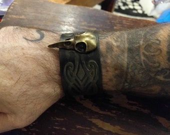 Black and Bronze Leather Raven Skull  Cuff Bracelet For Men Gift for Him OOAK