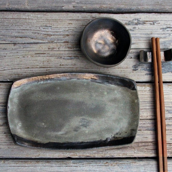 Sushi plate set, gray sushi dinnerware set, ceramic sushi plate bowl and chopstick rest, sushi gift set, asian food dishes, rustic plates