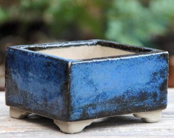 Blue Glazed Ceramic Bonsai Pot: Modern Square Planter