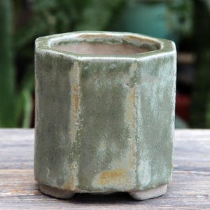 Handmade Ceramic Bonsai Pot: Green Glazed Hexagonal Planter