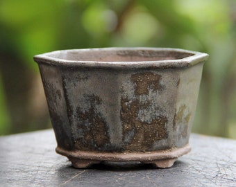 Handmade ceramic bonsai pot, gray glazed faceted mini plant pot, succulent pot, cactus pot, clay bonsai pot, mame bonsai tree pot