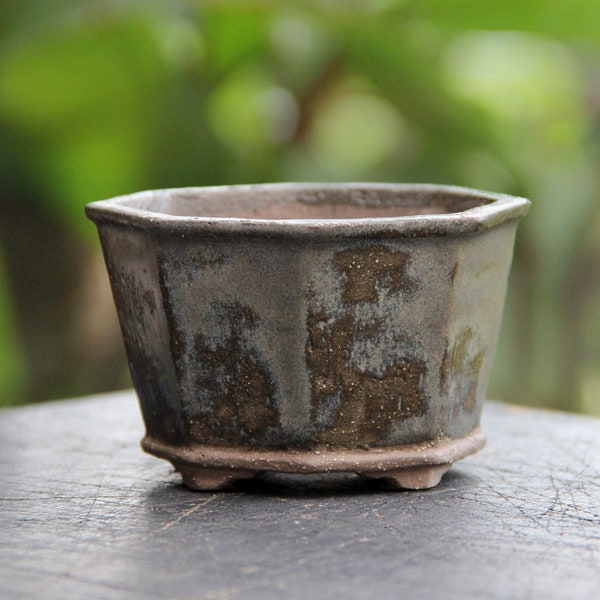 Handmade ceramic bonsai pot, gray glazed faceted mini plant pot, succulent pot, cactus pot, clay bonsai pot, mame bonsai tree pot