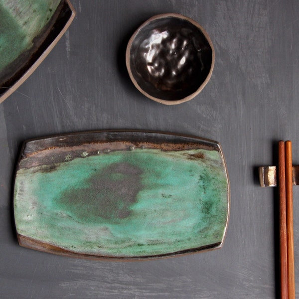 Sushi plate set, stoneware ceramic sushi plate bowl chopstick rest, sushi gift set, green rectangle rustic plates, asian food plate set