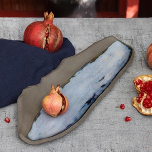 Handmade gray clay blue glazed ceramic platter, artistic sculptural minimalist blue sushi dessert serving dinner platter pottery tray dish